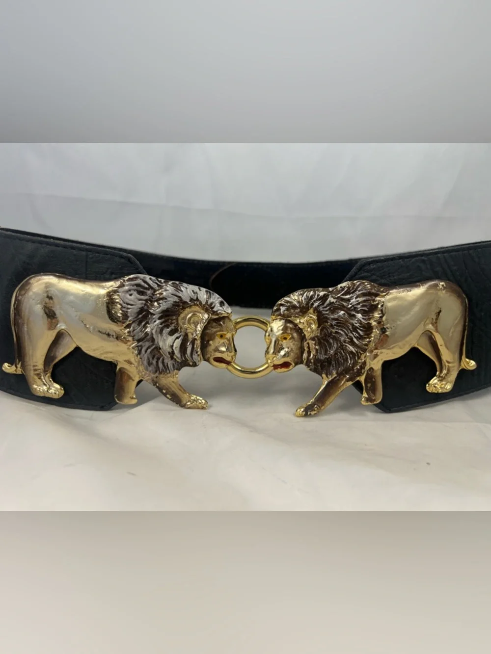 Vintage Gold Tone Double Lion Buckle Wide Black Leather Waist Belt